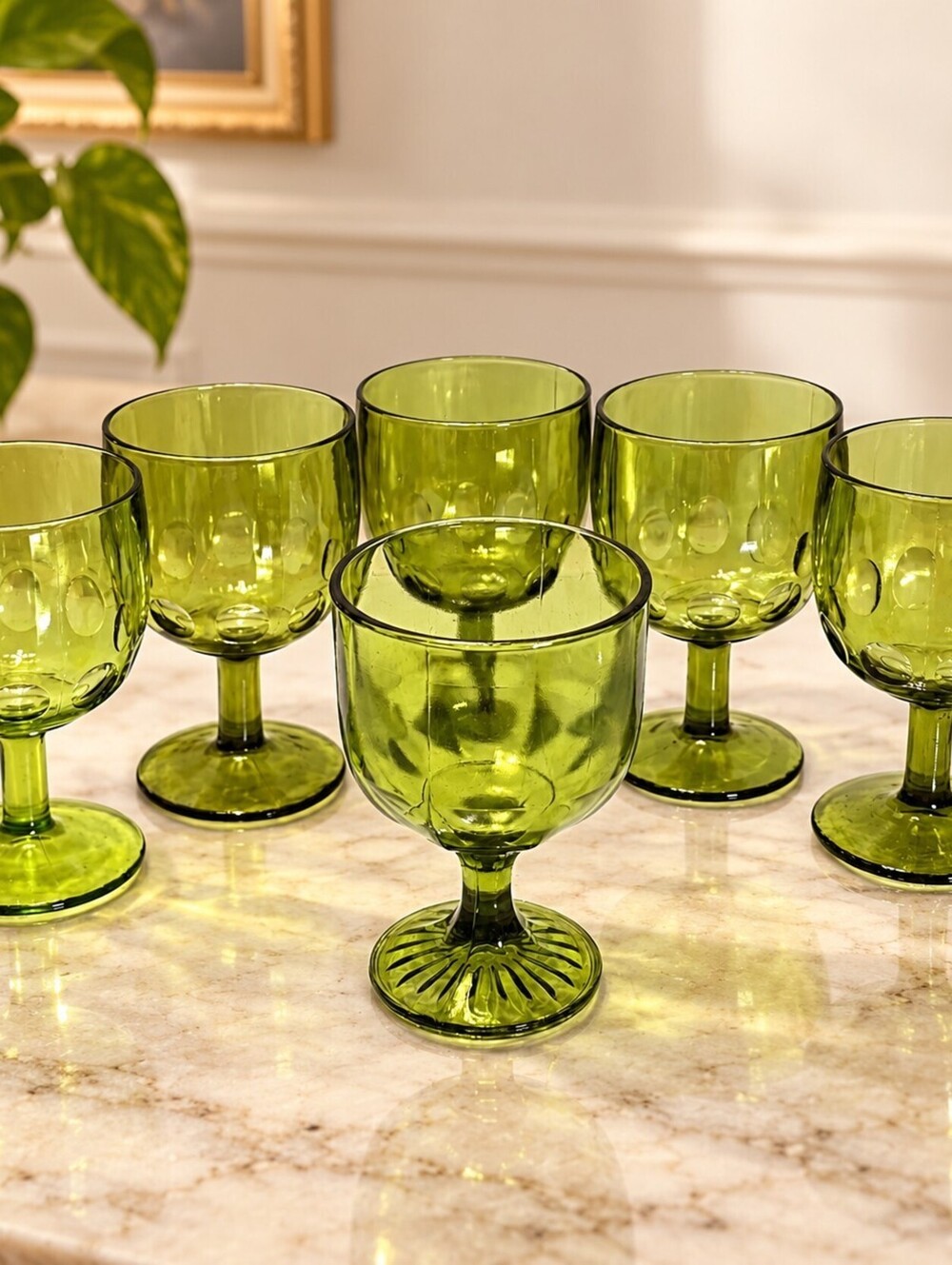 VTG Bartlett Collins Style Green Glass Stemmed Goblets Set Of 6 Thumbprint Patte